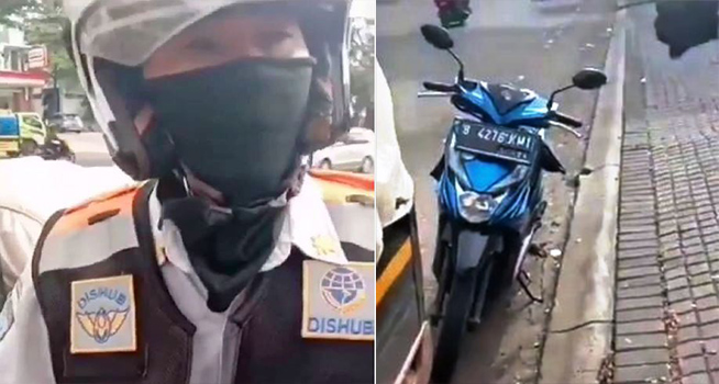 Screenshot rekaman video oknum petugas Dinas Perhubungan (Dishub) Kota Bekasi, Jawa Barat dan sepeda motor miliknya yang tanpa dilengkapi pelat nomor belakang (Dok. Instagram)